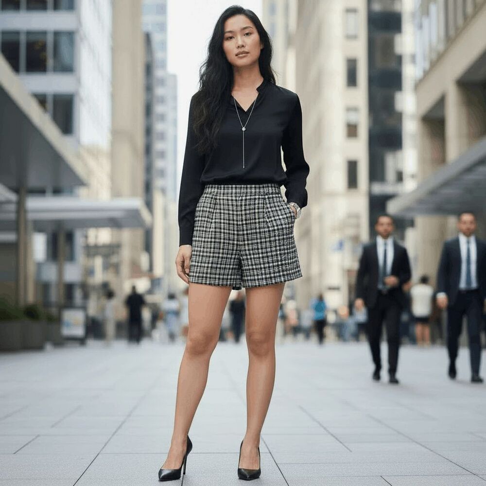 L'Agence Plaid Trouser Shorts High Waisted Dress Pockets Black White Size 4